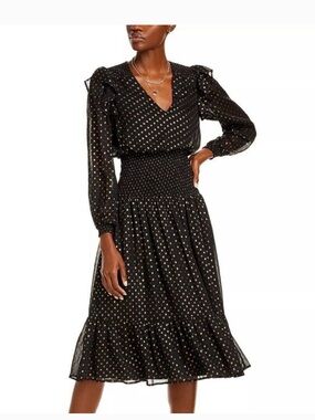 Aqua Black Midi Dress with Gold Polka Dots